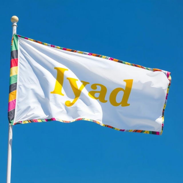 A white flag prominently displaying the name 'Iyad' printed in a bright yellow color in the center