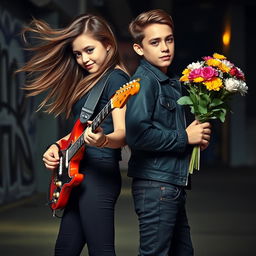 A dynamic scene featuring a girl playing an electric guitar with passion, alongside a boy holding a vibrant bouquet of flowers