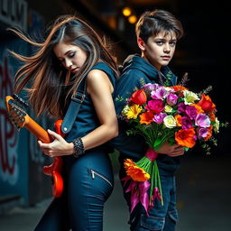 A dynamic scene featuring a girl playing an electric guitar with passion, alongside a boy holding a vibrant bouquet of flowers