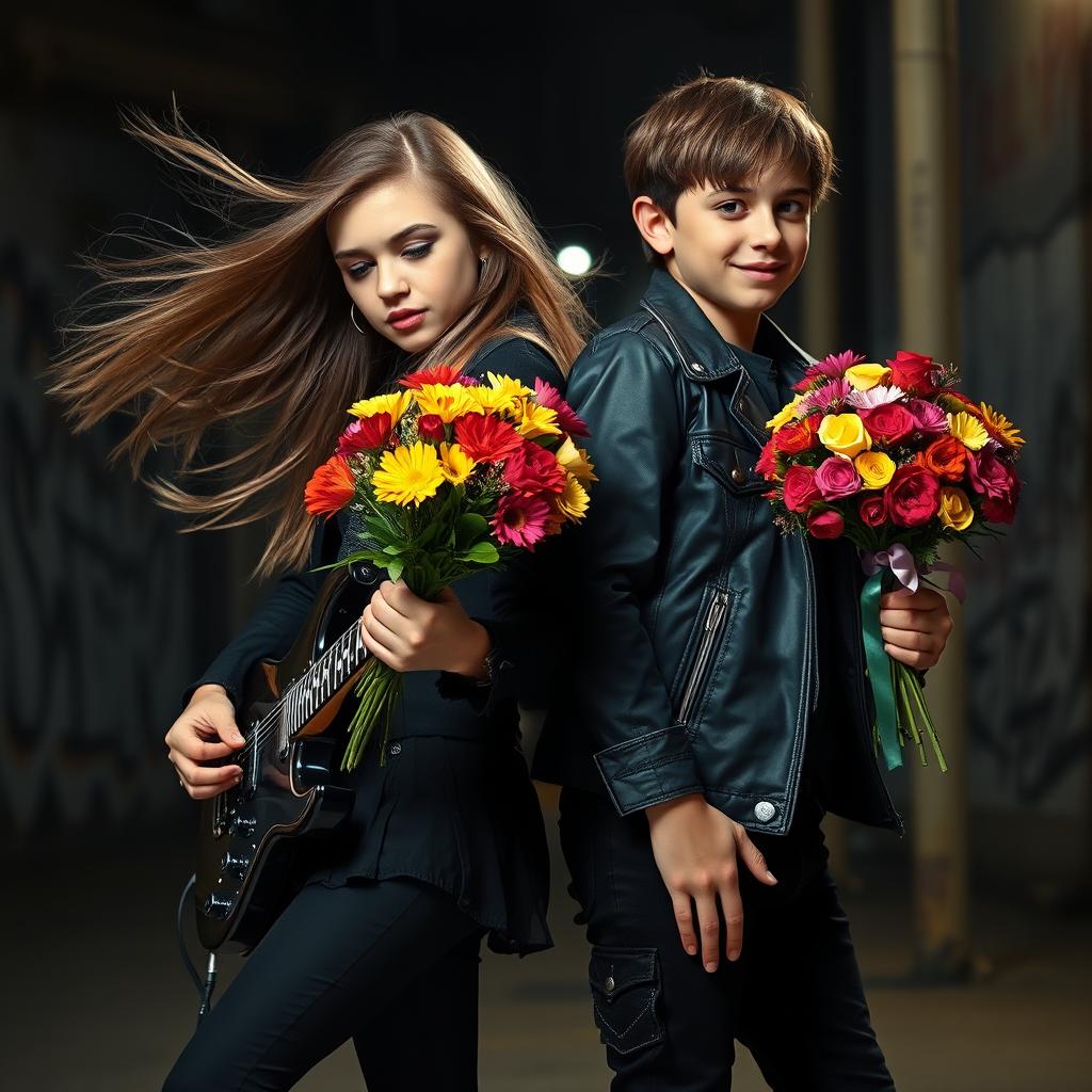 A dynamic scene featuring a girl playing an electric guitar with passion, alongside a boy holding a vibrant bouquet of flowers