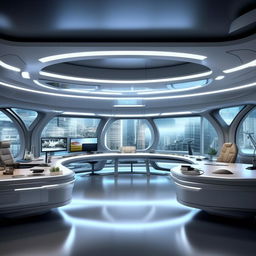 A futuristic TV anchor's office, inspired by the design elements from the architecture shown in the provided link.