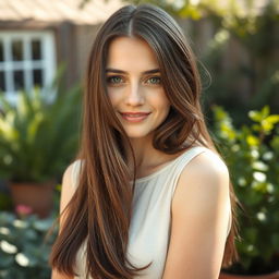 A 33-year-old white woman with long dark brown hair flowing gently over her shoulders