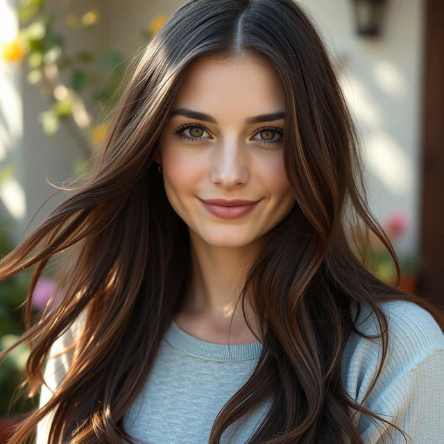 A 33-year-old white woman with long dark brown hair flowing gently over her shoulders