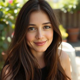 A 33-year-old white woman with long dark brown hair flowing gently over her shoulders
