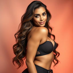 A stunning and attractive woman with long wavy hair, wearing a stylish and alluring outfit that accentuates her figure, posing confidently against a soft, dreamy background