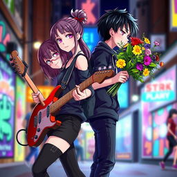 A vibrant scene featuring a girl passionately playing an electric guitar, standing back-to-back with a boy who is holding a colorful bouquet of flowers
