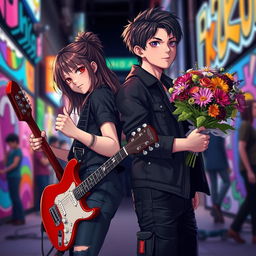 A vibrant scene featuring a girl passionately playing an electric guitar, standing back-to-back with a boy who is holding a colorful bouquet of flowers