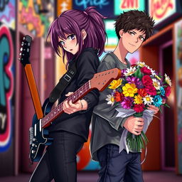 A vibrant scene featuring a girl passionately playing an electric guitar, standing back-to-back with a boy who is holding a colorful bouquet of flowers