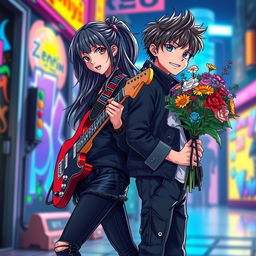 A vibrant scene featuring a girl passionately playing an electric guitar, standing back-to-back with a boy who is holding a colorful bouquet of flowers