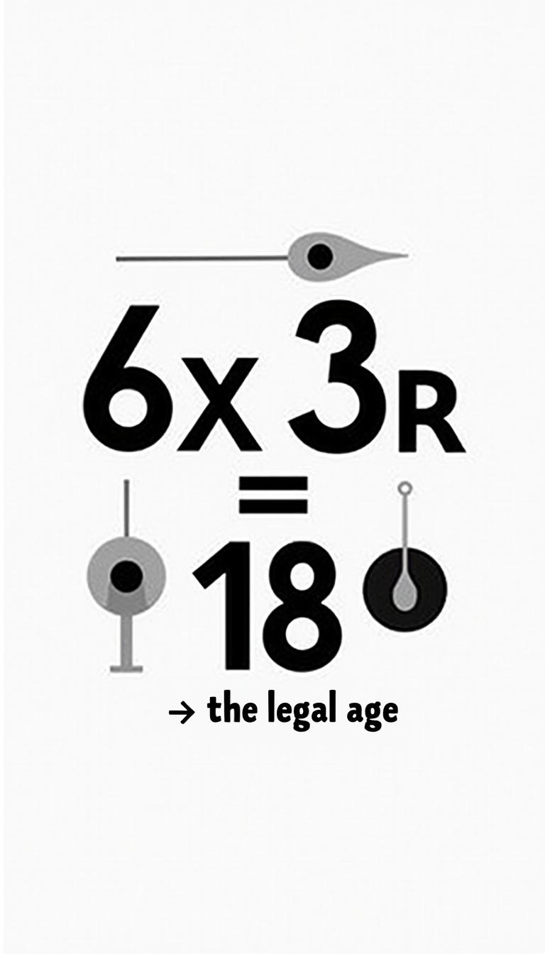 An artistic black and white print image that creatively presents the equation '6 x 3 = 18' alongside the phrase 'the legal age' in a bold and modern typography