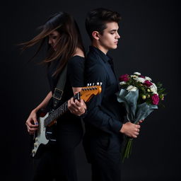 A young woman playing an electric guitar, wearing dark, stylish clothing