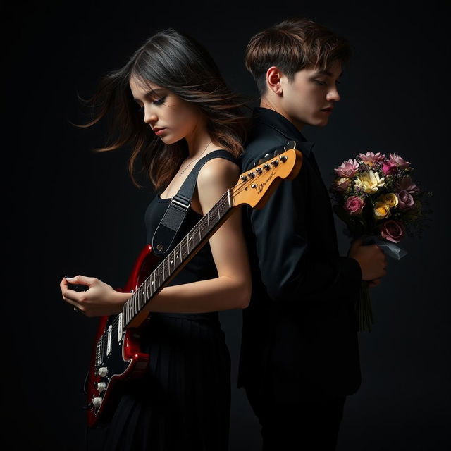 A young woman playing an electric guitar, wearing dark, stylish clothing