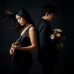 A young woman playing an electric guitar, wearing dark, stylish clothing