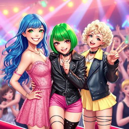 A vibrant and energetic image of three idol girls, each showcasing their unique style and personality