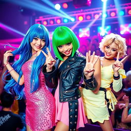 A vibrant and energetic image of three idol girls, each showcasing their unique style and personality