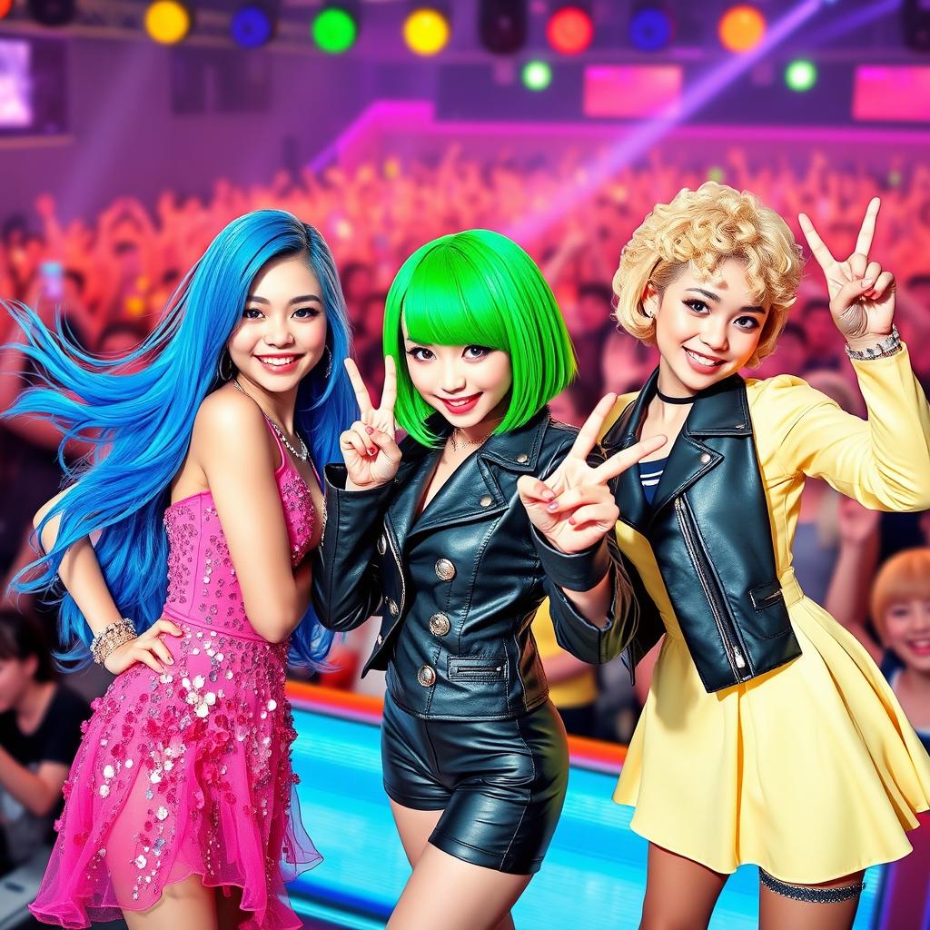 A vibrant and energetic image of three idol girls, each showcasing their unique style and personality