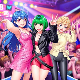 A vibrant and energetic image of three idol girls, each showcasing their unique style and personality