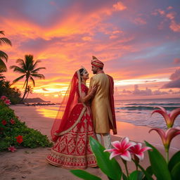 A romantic scene featuring a newly married Indian couple on their honeymoon, surrounded by a picturesque landscape