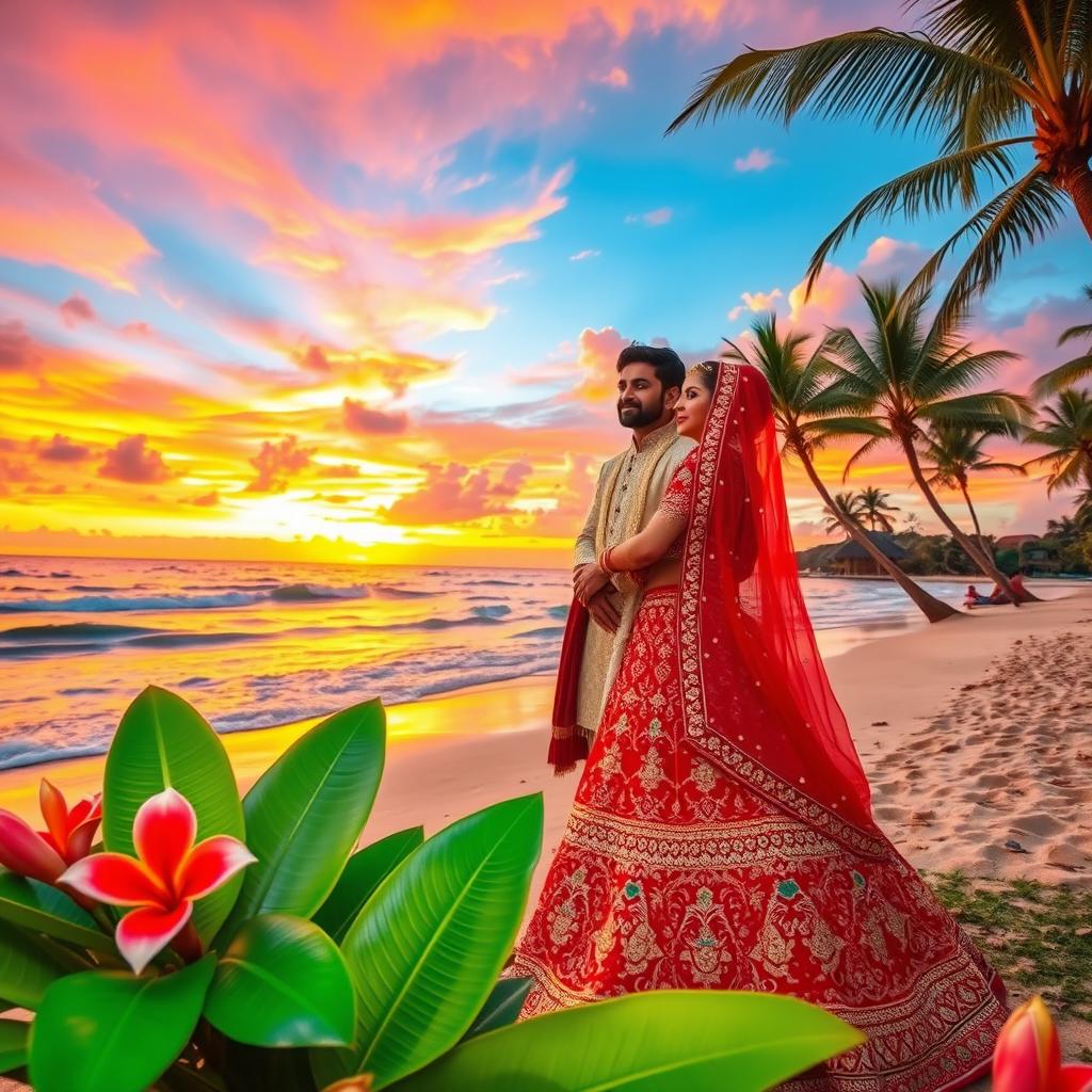 A romantic scene featuring a newly married Indian couple on their honeymoon, surrounded by a picturesque landscape