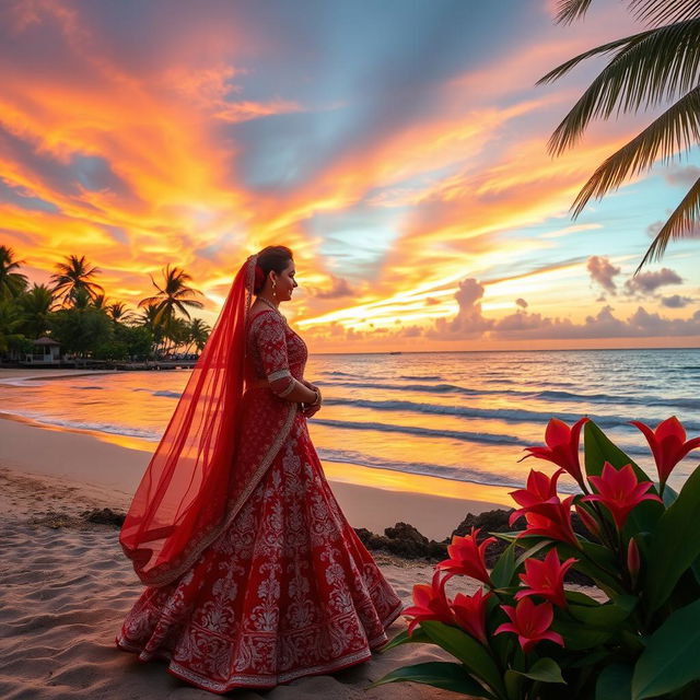 A romantic scene featuring a newly married Indian couple on their honeymoon, surrounded by a picturesque landscape