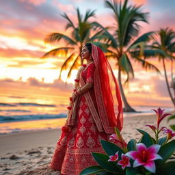 A romantic scene featuring a newly married Indian couple on their honeymoon, surrounded by a picturesque landscape