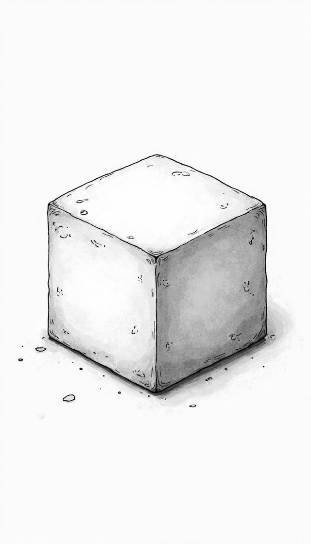 A detailed black and white illustration of a cube with its six sides clearly visible