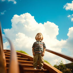A young boy standing on a stair, gazing up at fluffy white clouds in a bright blue sky