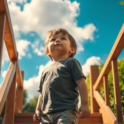 A young boy standing on a stair, gazing up at fluffy white clouds in a bright blue sky
