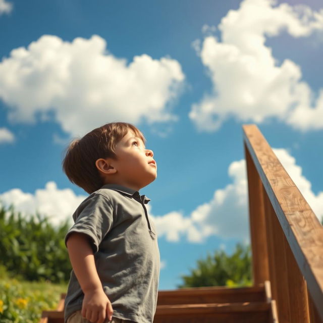 A young boy standing on a stair, gazing up at fluffy white clouds in a bright blue sky