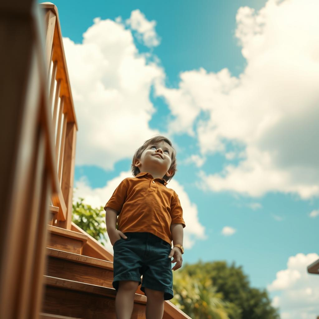 A young boy standing on a stair, gazing up at fluffy white clouds in a bright blue sky