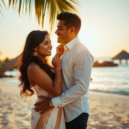 A romantic scene of an Indian couple celebrating their honeymoon, depicted in a serene and intimate setting