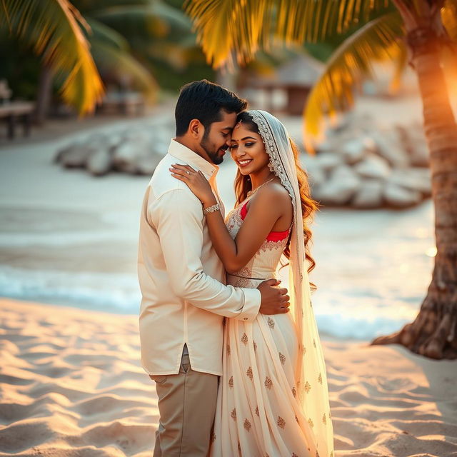 A romantic scene of an Indian couple celebrating their honeymoon, depicted in a serene and intimate setting