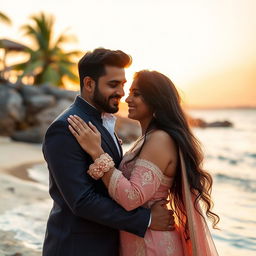 A romantic scene of an Indian couple celebrating their honeymoon, depicted in a serene and intimate setting