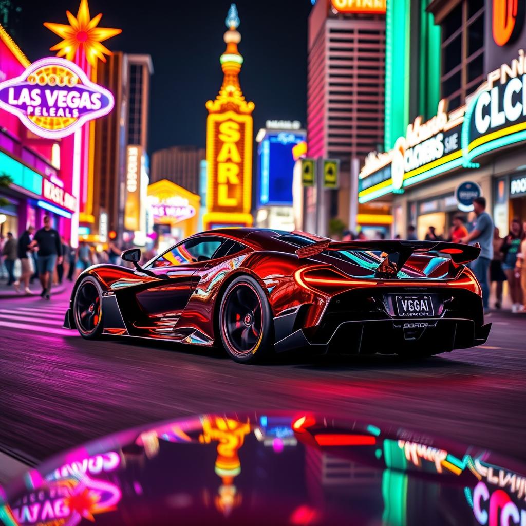 A hypercar cruising through the vibrant streets of Las Vegas at night, illuminated by colorful neon lights