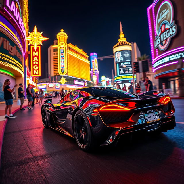 A hypercar cruising through the vibrant streets of Las Vegas at night, illuminated by colorful neon lights