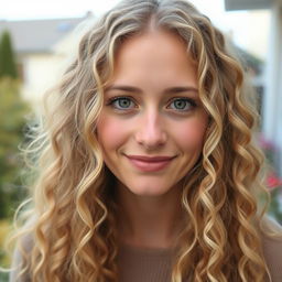 A 33-year-old white woman with long, curly blonde hair cascading around her shoulders