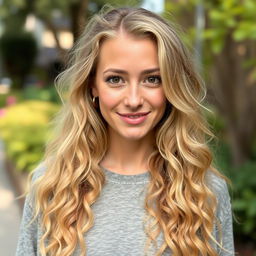A 33-year-old white woman with long, curly blonde hair cascading around her shoulders