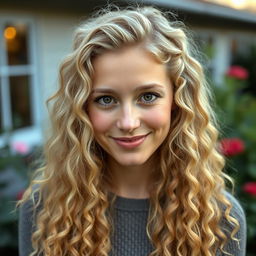 A 33-year-old white woman with long, curly blonde hair cascading around her shoulders