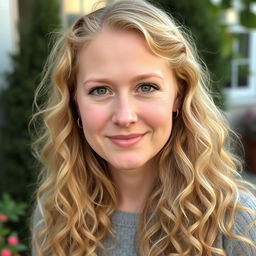 A 33-year-old white woman with long, curly blonde hair cascading around her shoulders