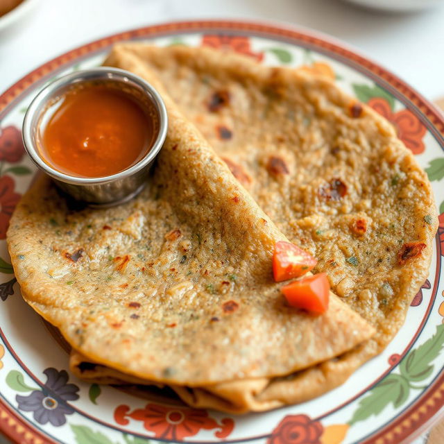 A vibrant plate of dosa showing the unique preparation with black lentil batter mixed with sautéed spinach and diced tomatoes