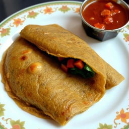 A vibrant plate of dosa showing the unique preparation with black lentil batter mixed with sautéed spinach and diced tomatoes