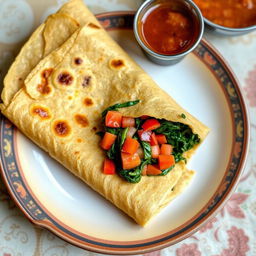 A vibrant plate of dosa showing the unique preparation with black lentil batter mixed with sautéed spinach and diced tomatoes