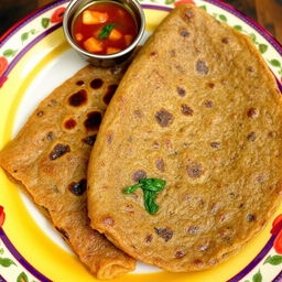 A vibrant plate of dosa showing the unique preparation with black lentil batter mixed with sautéed spinach and diced tomatoes