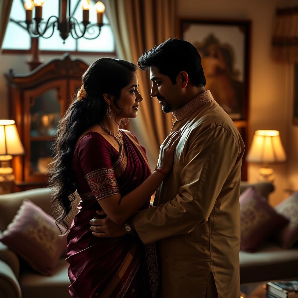 A dramatic scene inspired by Indian television serials, focusing on a deeply emotional and intimate moment between two adult characters in a beautiful living room setting, adorned with traditional Indian decor