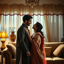 A dramatic scene inspired by Indian television serials, focusing on a deeply emotional and intimate moment between two adult characters in a beautiful living room setting, adorned with traditional Indian decor