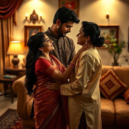 A dramatic scene inspired by Indian television serials, focusing on a deeply emotional and intimate moment between two adult characters in a beautiful living room setting, adorned with traditional Indian decor