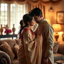 A dramatic scene inspired by Indian television serials, focusing on a deeply emotional and intimate moment between two adult characters in a beautiful living room setting, adorned with traditional Indian decor