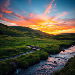 A serene and picturesque landscape featuring rolling hills covered in lush green grass, dotted with colorful wildflowers