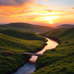 A serene and picturesque landscape featuring rolling hills covered in lush green grass, dotted with colorful wildflowers