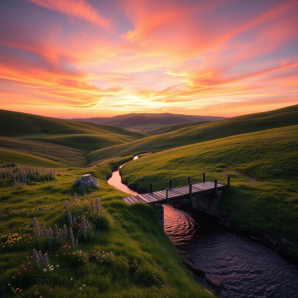 A serene and picturesque landscape featuring rolling hills covered in lush green grass, dotted with colorful wildflowers